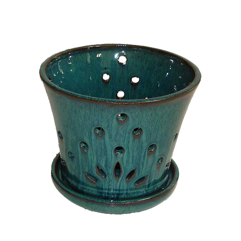 Unique design ceramic orchid pot creative green flower pot with tray