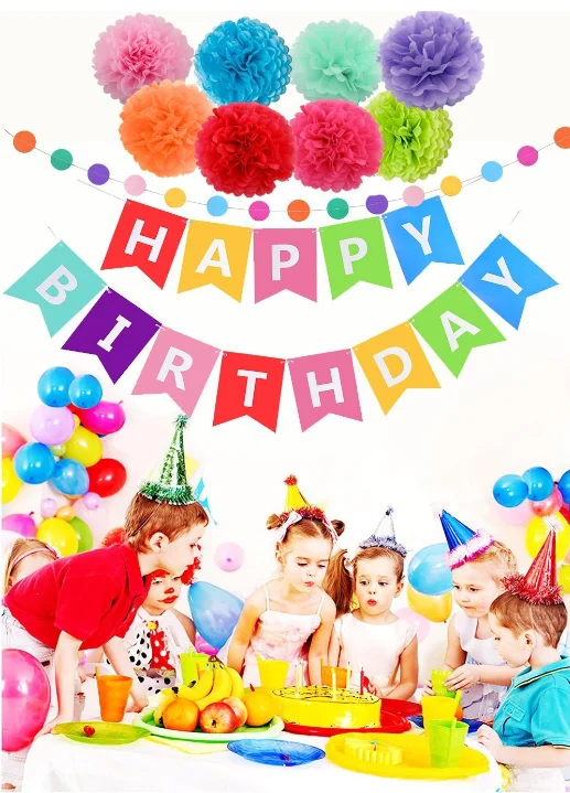 Happy Birthday Decorations Banner With Tissue Pom Poms For Rainbow Birthday Party Supplies