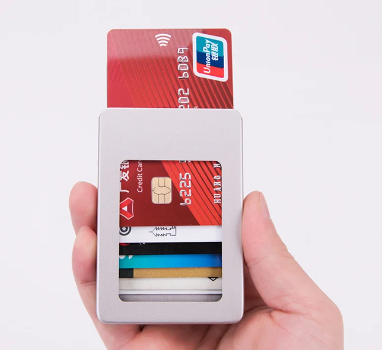 Wholesale newest men slim automatic sliding pop up money clip rfid ogon aluminum wallet