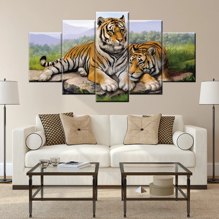 Decor home painting HD 5 pieces two lying tigers painting decoration wall art painting