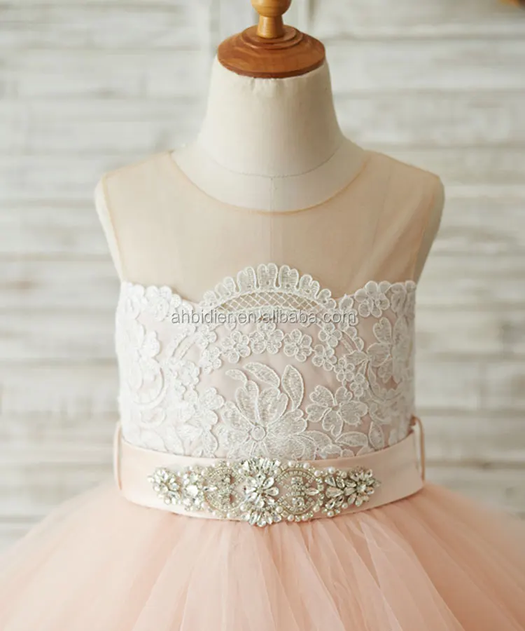 change--Sheer Neck Peach Pink Tulle Lace Cupcake Skirt Wedding Flower Girl Dress with beaded sash