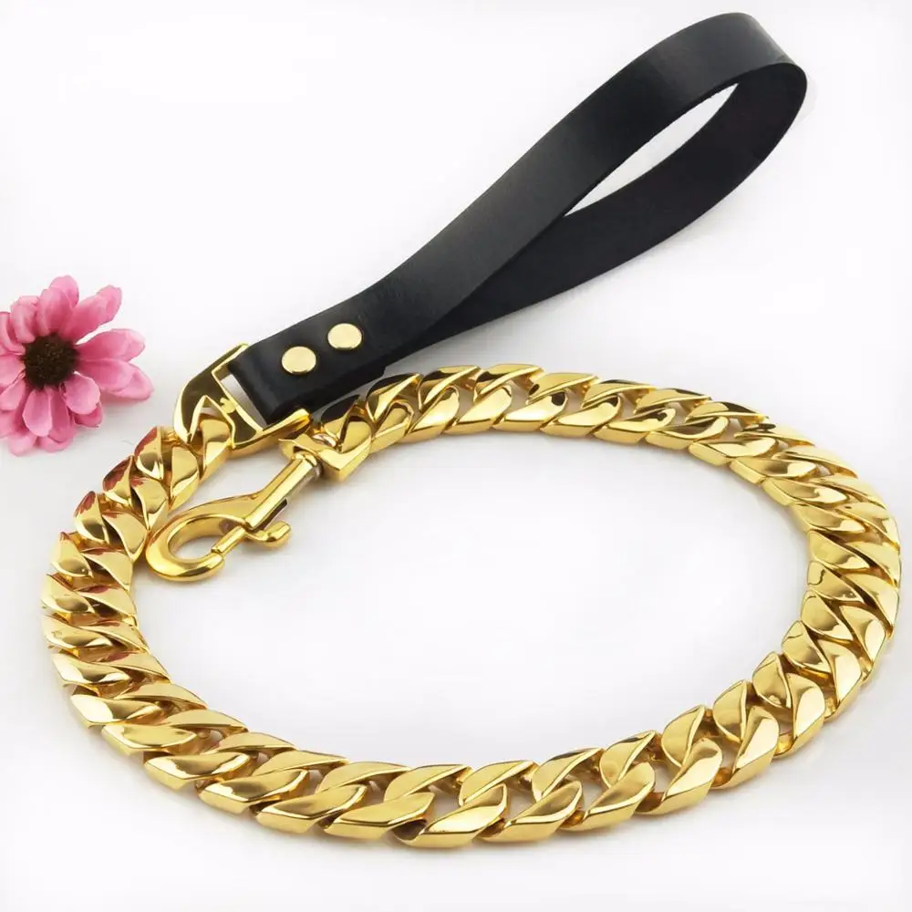 18K Gold Dog Collar Chain Leash Bully Dog Head Leash Chain Pitbull Cuban Luxury Collar And Lead Leash