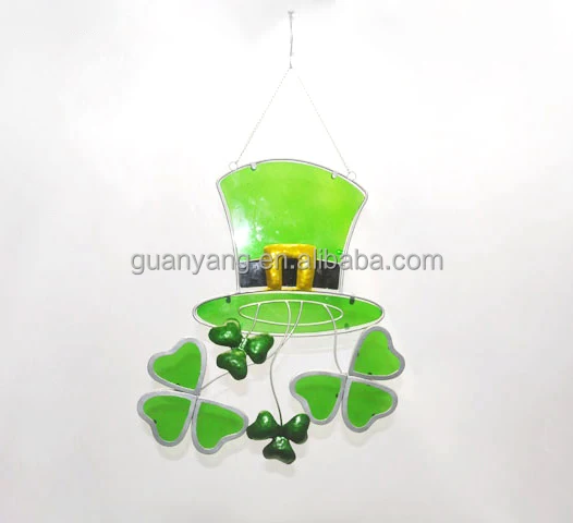 Metal Frame Irish Shamrock Suncatcher Wall Art Hanging Wholesale Custom Stained Glass Home Decoration Folk Art Craft Customized