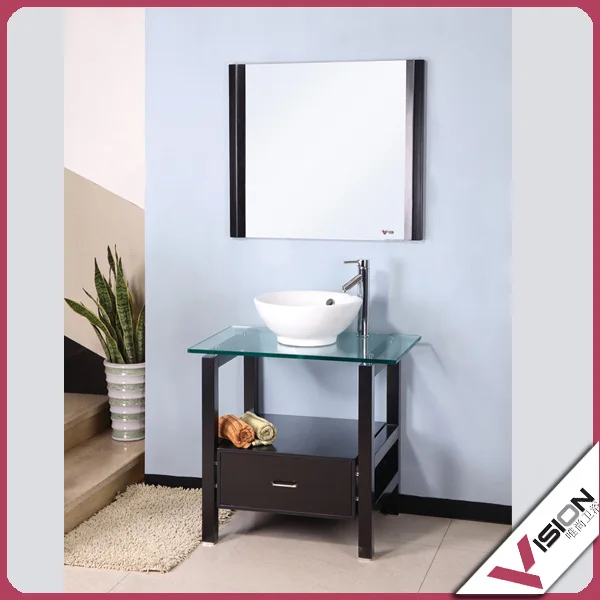 Стеклянная раковина для ванной комнаты с деревянным кронштейном