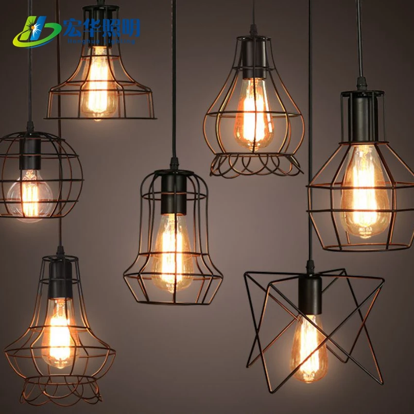 Black iron material suspended wire ceiling lighting decorative loft pendant lamps