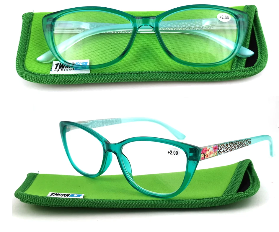 cat eye women fashion reading glasses with leather cases.
