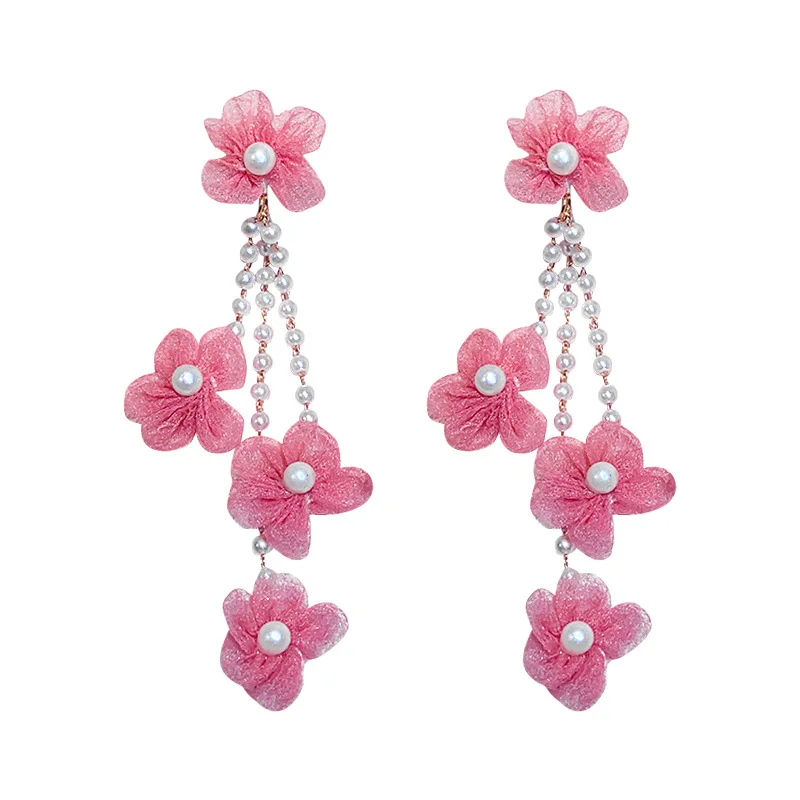 12.5CM pink super fairy fabric white pearl dangle gold plated flower pearl earrings