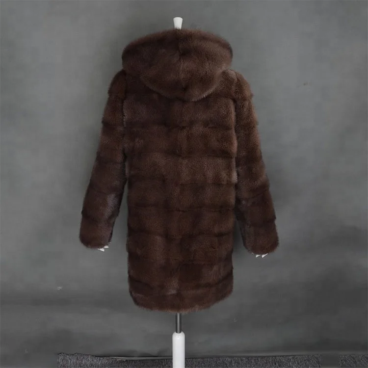 Fashion Natural Brown 90 cm Hooded Long Mink Fur Coat for Women