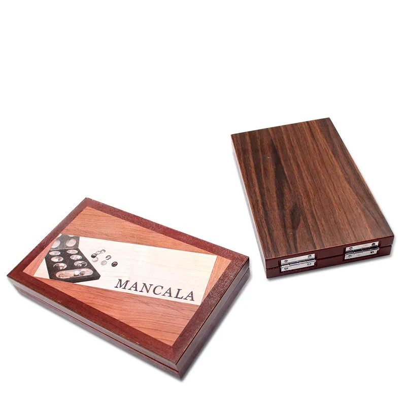 Mancala Board Game Set by GrowUpSmart with Dark Folding Wooden Board + Beautiful Multi Color Glass Beads - Smart tactical game f