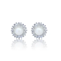 Women Jewelry Earrings Sterling Silver Rhodium Plated Fresh Water Pearl Stud Earrings