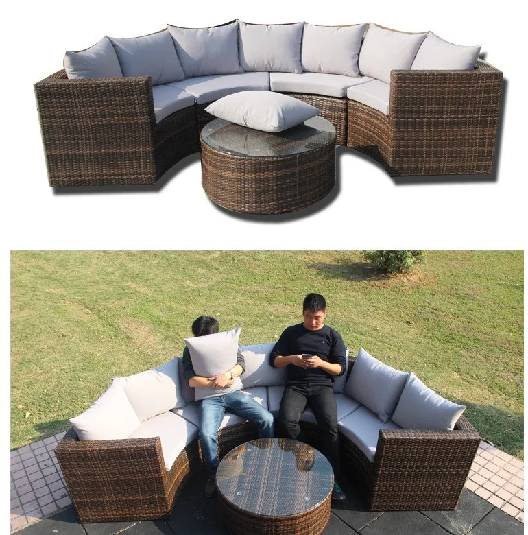 Patio Furniture Outdoor Wicker Rattan Dining Set Cushioned Seat Garden Sectional Conversation Sofa with Glass Top Coffee Table