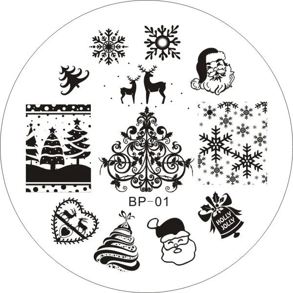 BP01 Nail Art Stamping Plates XMAS Image Round Stainless Steel Konad Stamp Polish Template Christmas Stencils