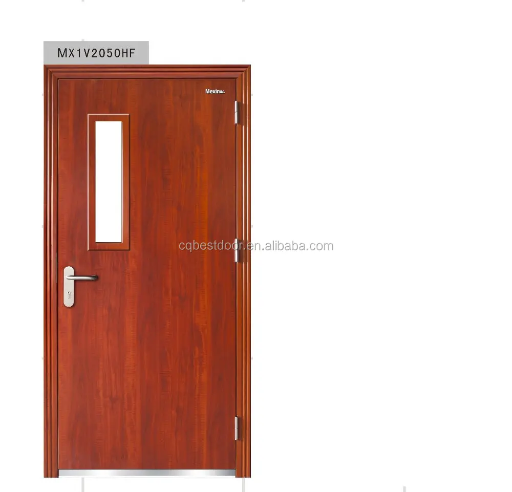 wooden doorleaf steel frame composite fire rated commercial door with glasskit