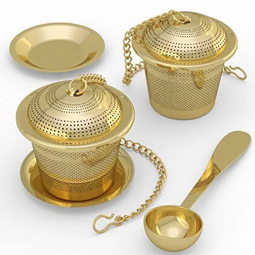 Gold Plated 304 Stainless Steel Tea Filter Basket Chain Link Tea Infuser Strainer with Tray