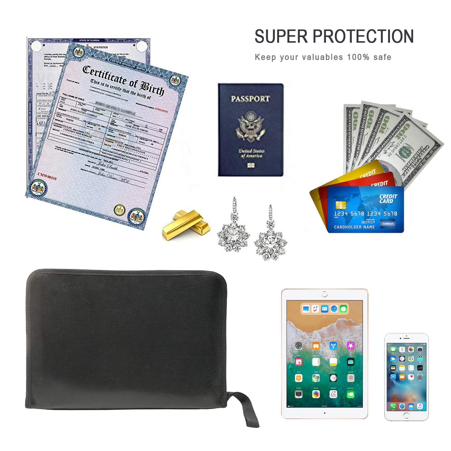 Silicone Coated Fiberglass Expanding 13 Pocket File Folder Heavy Duty Zippers Fireproof Document Bag