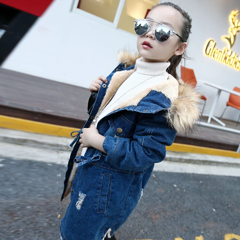
Girls denim drawstring with hood thick lambswool winter jeans overcoat 