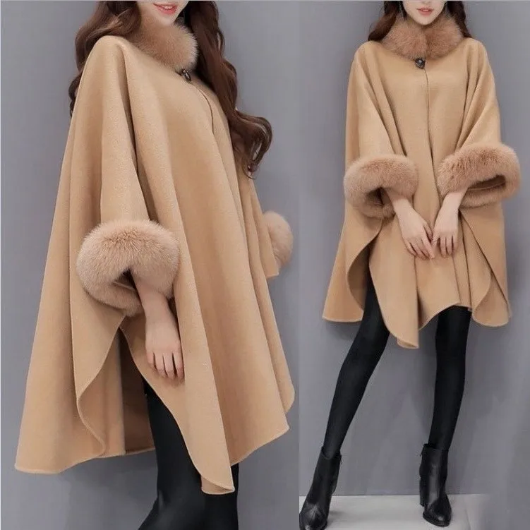 Ecowalson Women Jacket Casual Woollen Outwear Fur Collar Parka Cardigan Cloak Coat