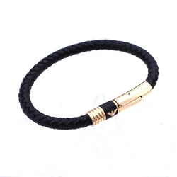 Fashion Jewelry Charm Stainless Steel Rose Gold Classical Magnetic Clasp Braided Black Genuine Leather Bracelet