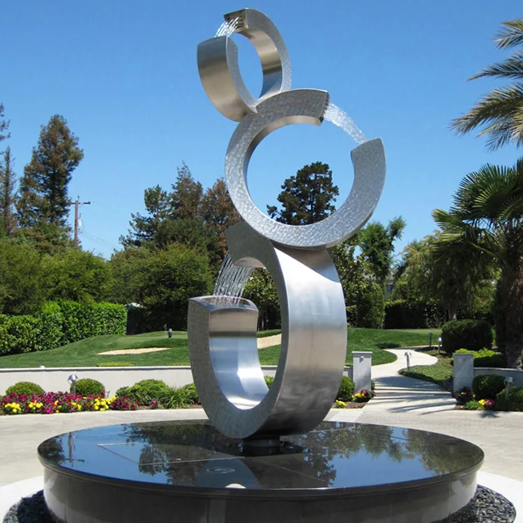 Modern garden outdoor water fountain statue home yard pool decor large stainless steel abstract metal art waterfall sculpture