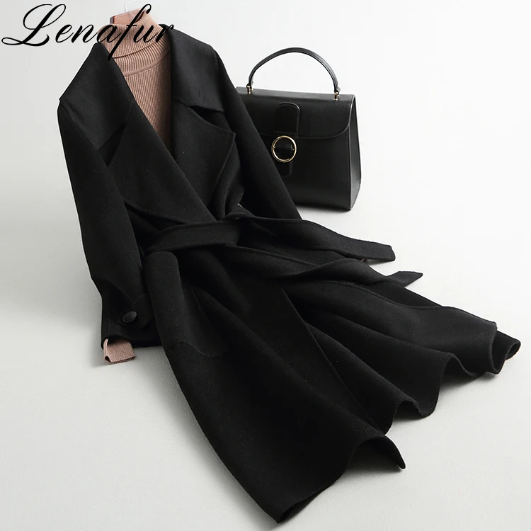 2021 Fashion Custom Made Wholesale Loose Long Wrap-Tie Belt Double Faced 100% Lamb Sheep Cashmere Wool Fur Coat for Women