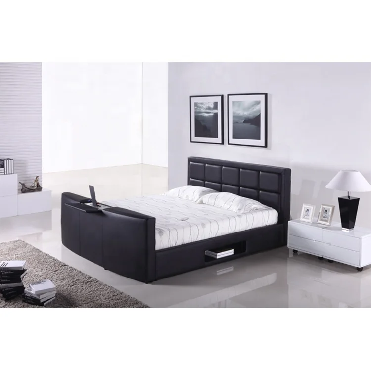 Wholesale modern king full size genuine leather upholstered TV bed