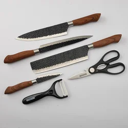 KONOLL 6pcs kitchen knives set with wave and  scissor/ peeler kitchen knife accessories black color non-stick knife box packing