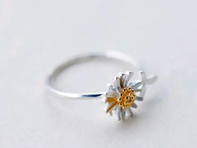 SR104-009 Halo simple open size elegant style gold daisy flower 925 sterling silver rings