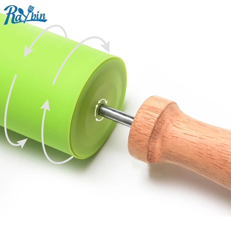 Home kitchen pastry baking tools non-stick silicone rolling pin with wood handle