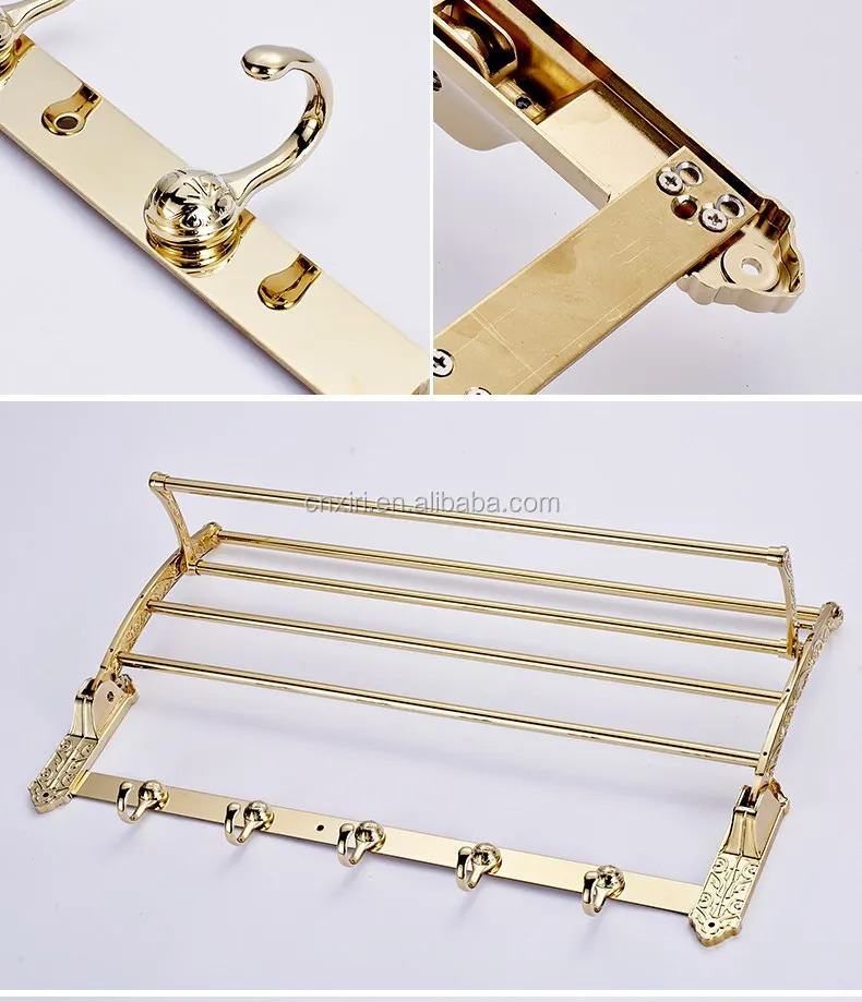 Brass gold plating bathroom folding towel racks with hooks