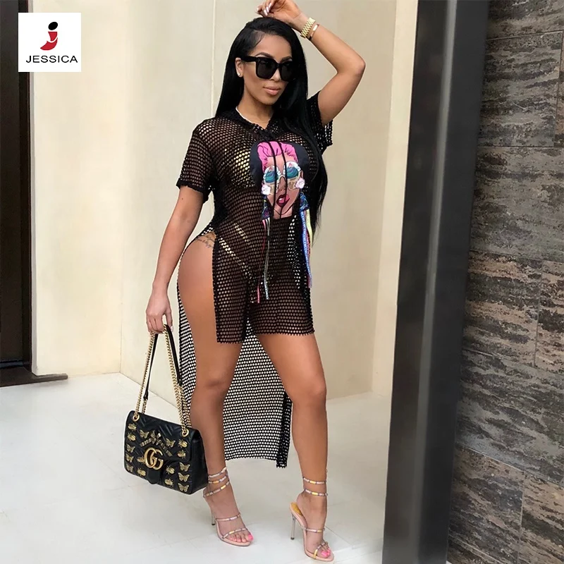 SYA8235 Sexy Fishnet Transparent Short Sleeves Slit Cover Up Club Black Dress