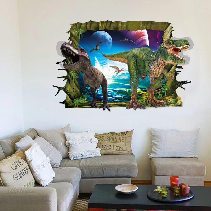 YIYAO DIY 3D Dinosaur Floor Wall Sticker Cartoon Broken Door Wall Stickers
