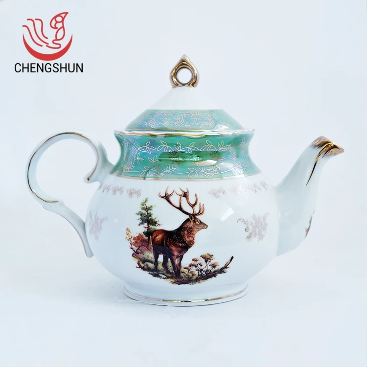 10 Inch Green Gold Leaf Elk Ceramic Teapot