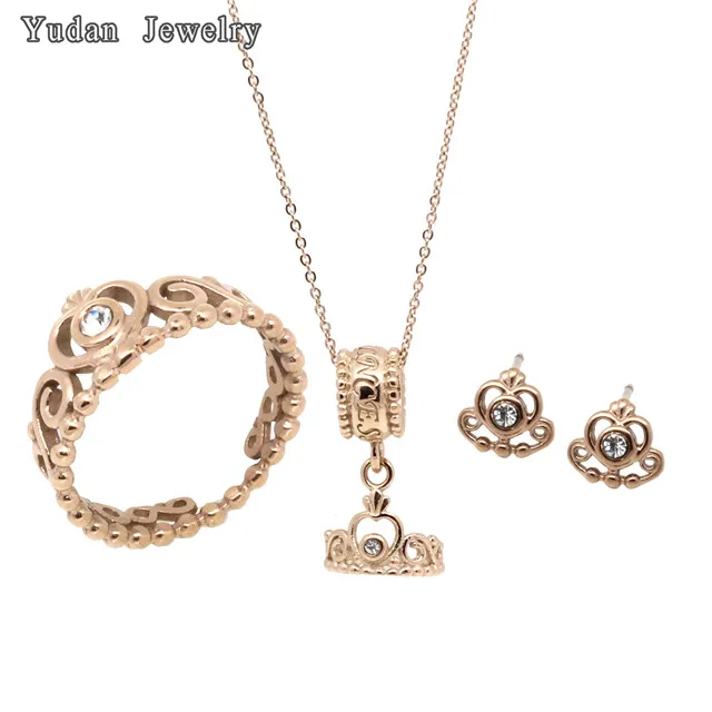 Wholesale Fashion Stainless Steel Leaf Ring Pendant Earring Plated Gold Jewelry Sets