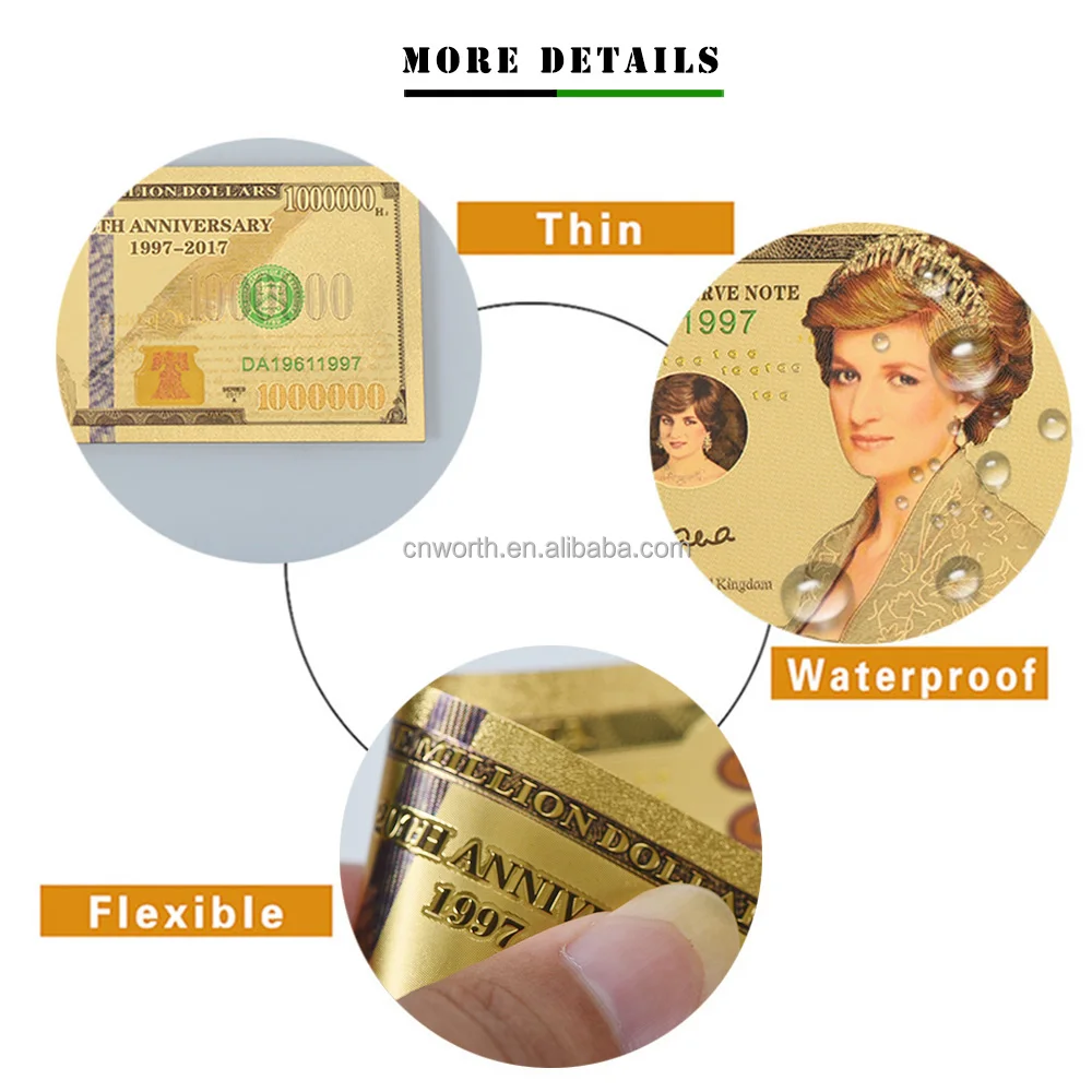 1 Million Dollar Diana Princess Challenge Coin Princess 24k Gold Plated Foil Banknote