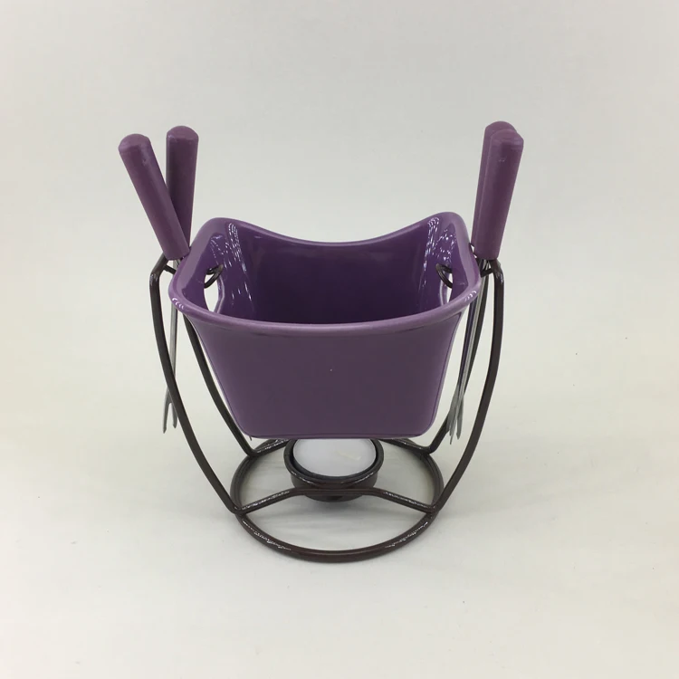 Glazed safety personalized ceramic cheap mini cheese fondue pots chocolate fondue set with dippers