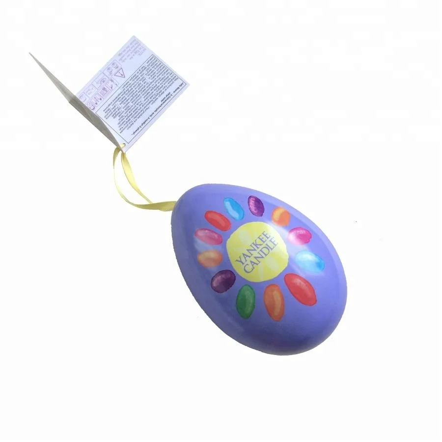 Egg shape tin box with ribbon and label / packaging tin can with lovely shape
