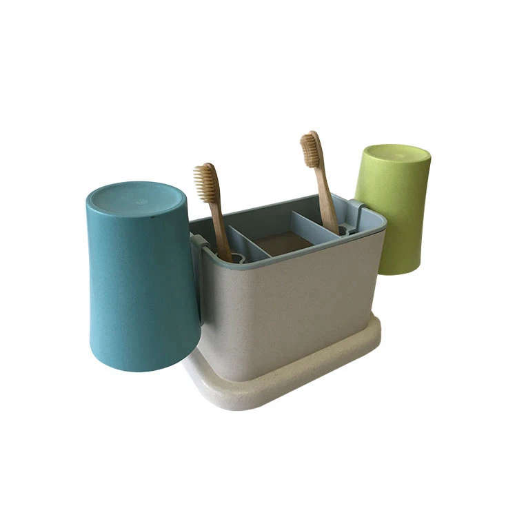 Toothbrush Holder Wheat Straw Multi-functional Waterproof Toothbrush Holder With 2 Cups Family Bathroom Storage Organizer