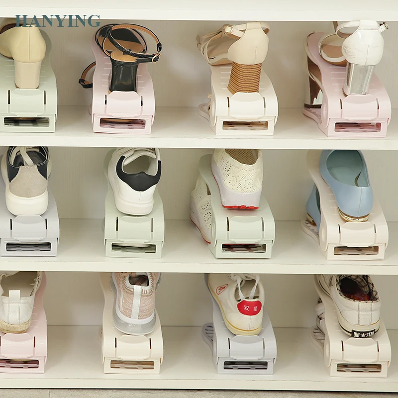 Adjustable Shoe Organizer Set Storage Space Saving Shoe Slots Rack Holder Double Layers Plastic Shoe Slots for Home