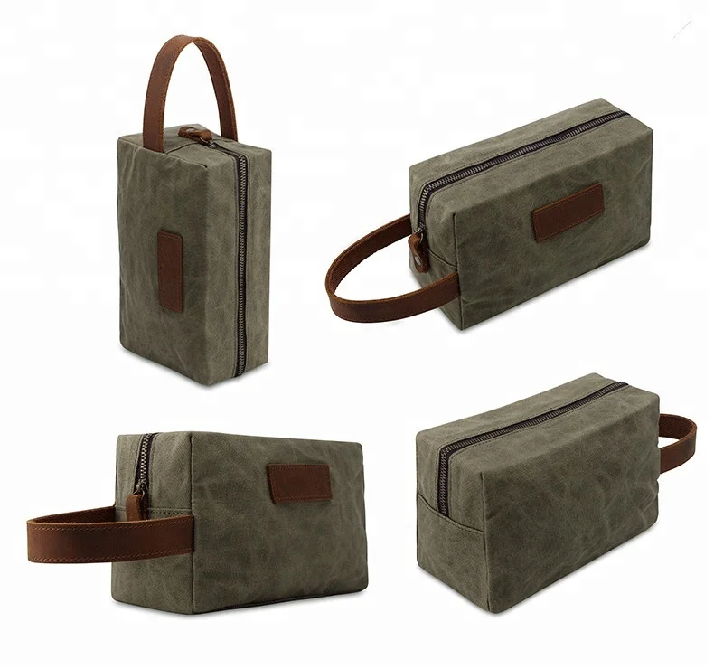 Travel waterproof men toiletry leather outdoor waxed canvas cosmetic zipper bags designer