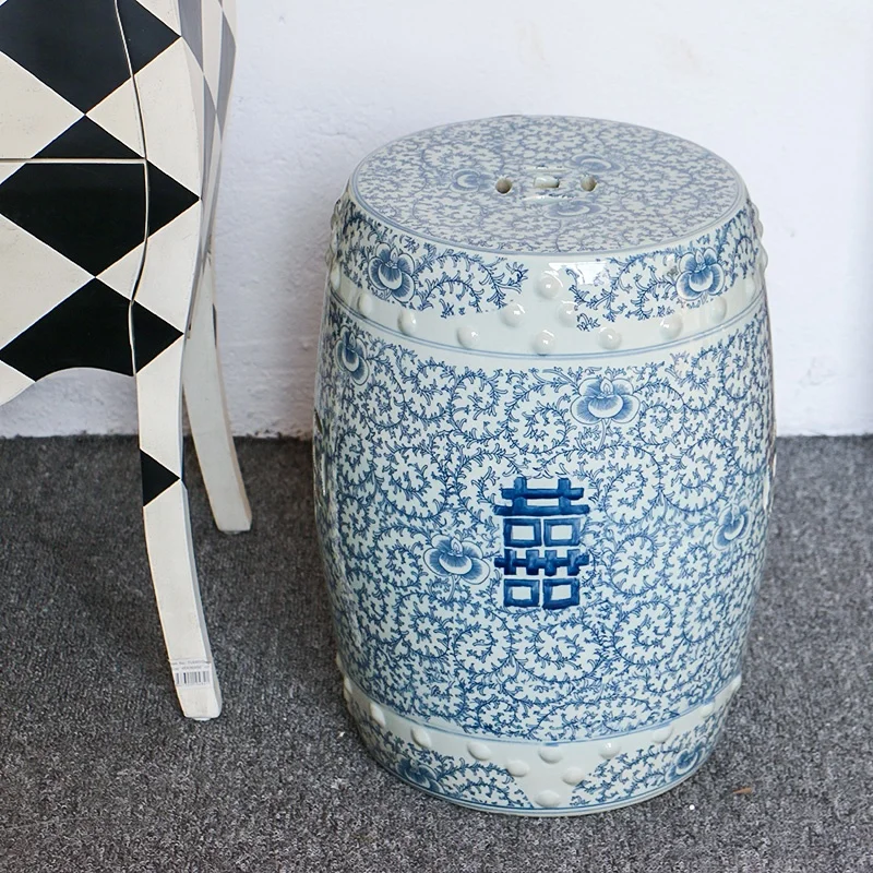 Blue and white double happiness Chinese ceramic garden stool porcelain seat for home decorative change shoe stool in living room