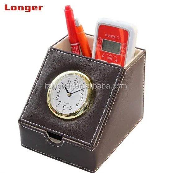 LG-B001 Pu leather handmade rectangle table deco plastic pen holder alarm clock for car remote storage box for office use