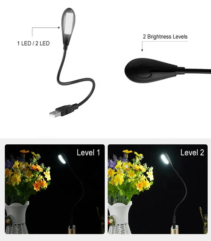
USB Light Flexible Reading Lamp Portable LED Night Lights Daylight White 2 Brightness Levels 