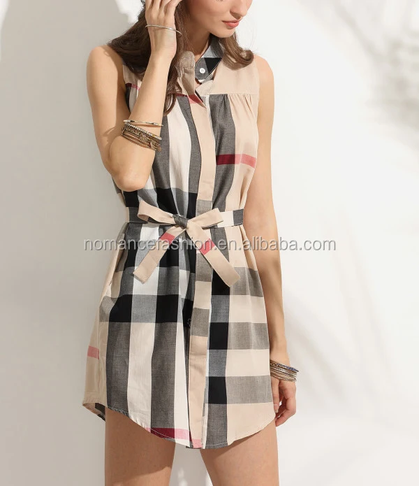 
Checkered Self Tie Long Shirt Dress Women 