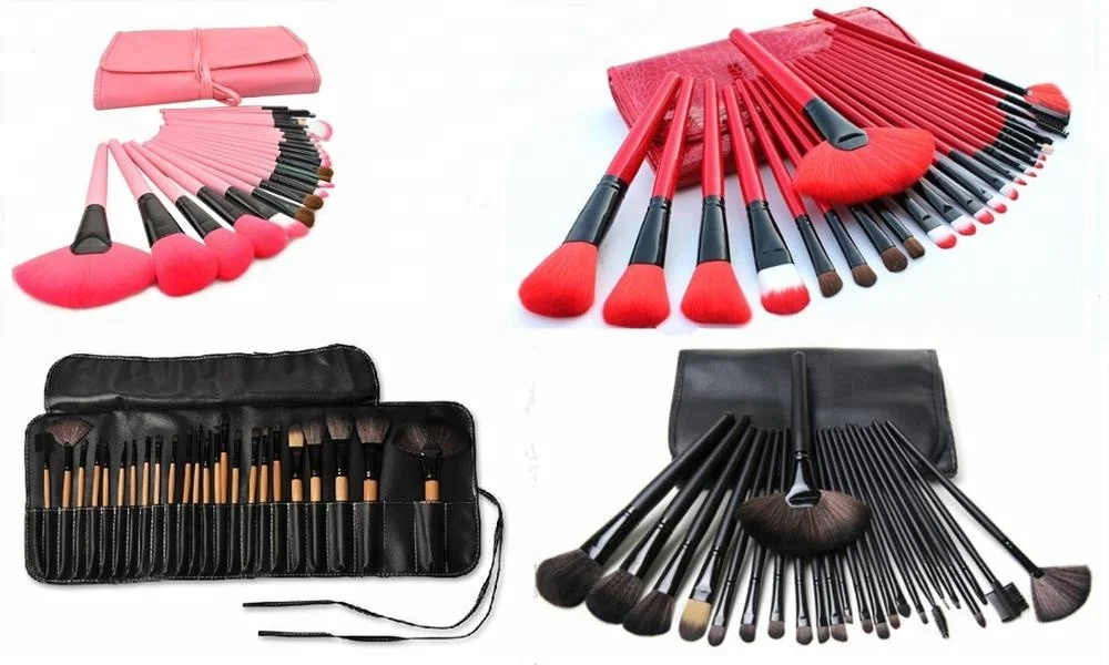 Wood Color 24 PCS Makeup Brush Cosmetic Set Kit Packed Leather Case