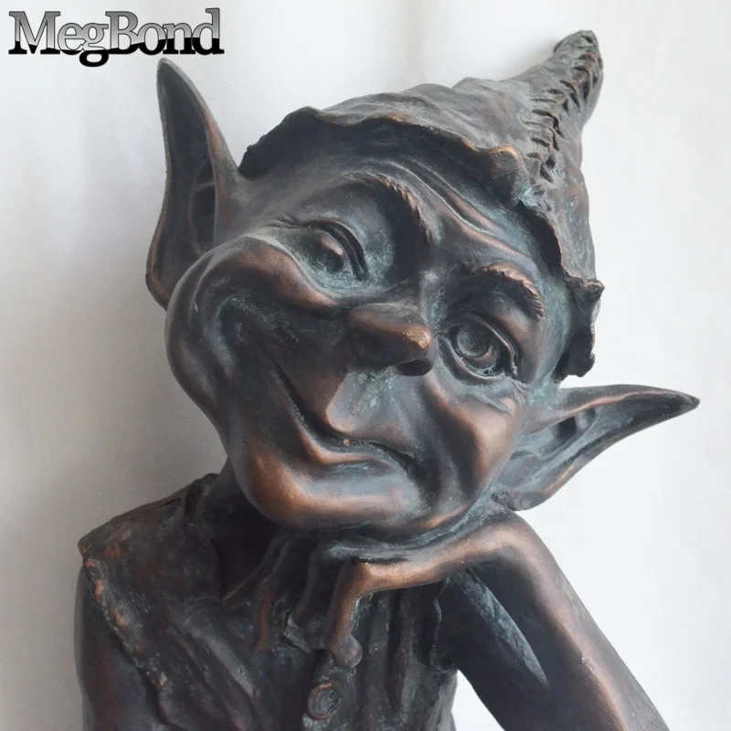 Large Resin sitting gnome garden figurines for decoration,  Antique verdigris garden pixie sculpture