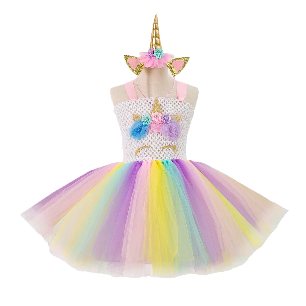 Wholesale Kids Unicorn Dress Tutu Dress Unicorn Horn Headband Set Children Girls Unicorn Party Costume Outfits Dresses