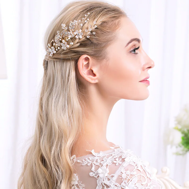 New Style Hot Sell High-quality European Freshwater Pearl Bridal Hair Ornaments Handmade Crystal leaf Hair Pin Jewelry