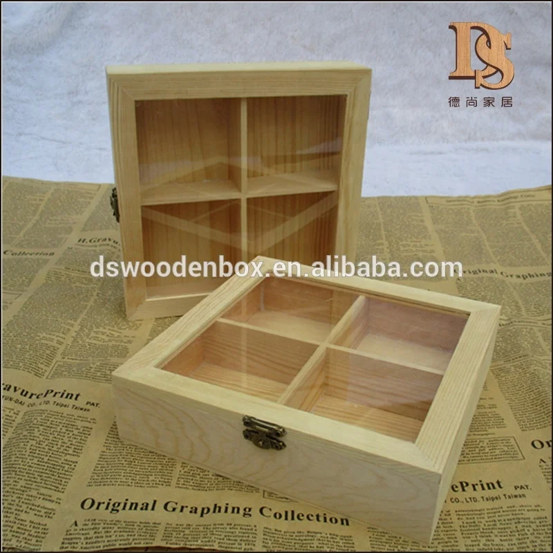 Eeo-Friendly 4 Compartment Gift Display Box Glass Window Wooden Mooncake Box