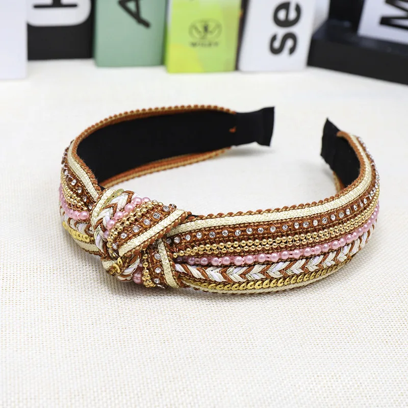 LRTOU Wholesale Custom Boho Handmade Weave Knot Plastic Hair Band Bead Crystal Stretchy Headband For Adult Women