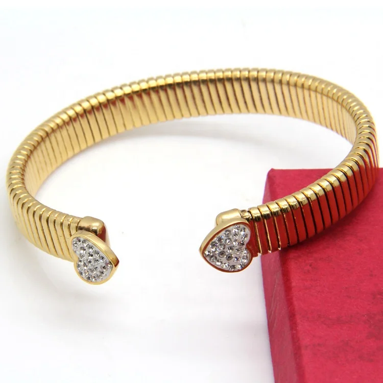 Latest Designed Gold Plated  Heart shape  with Diamond CZ Crystal Stainless Steel Cuff Bangle Bracelet for party jewelry